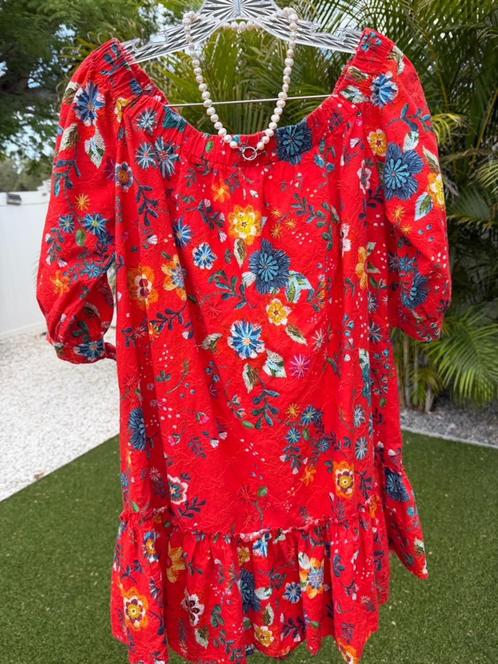 Red Floral Off-Shoulder Mini Dress Size M 100% Cotton